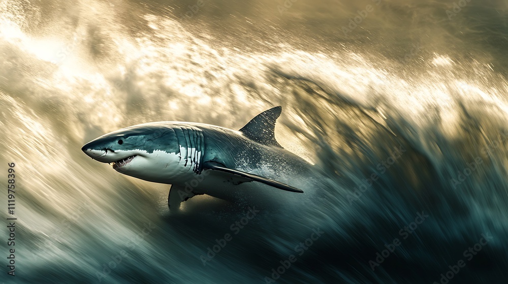 Fototapeta premium A great white shark leaps through crashing waves, showcasing its power and grace.