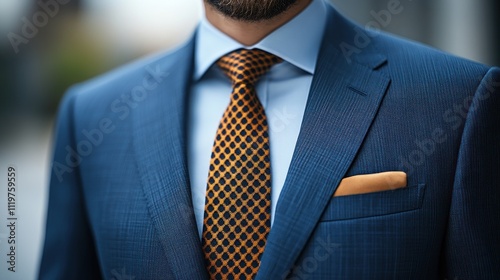  close-up of a well-dressed man in a suit with a tie and pocket square.