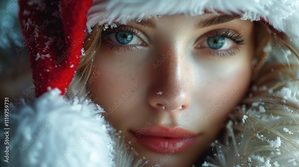A close-up shot of a woman wearing a Santa hat, ideal for holiday-themed projects A close-up shot of a woman wearing a Santa hat, ideal for holiday-themed projects