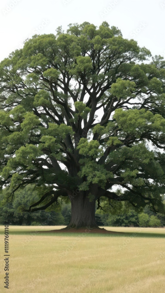 Majestic big oak tree standing alone in a field, majestic, strong Majestic big oak tree standing alone in a field, majestic, strong