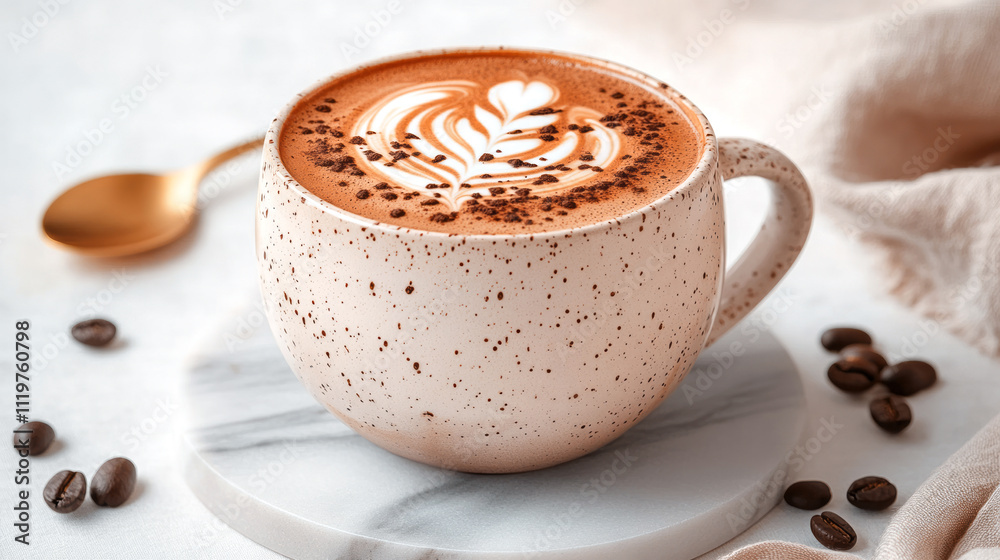 A beautifully crafted latte sits on a marble coaster, featuring detailed foam art and surrounded by scattered coffee beans, creating a warm atmosphere in chocolate mocha mousse colour A beautifully crafted latte sits on a marble coaster, featuring detailed foam art and surrounded by scattered coffee beans, creating a warm atmosphere in chocolate mocha mousse colour