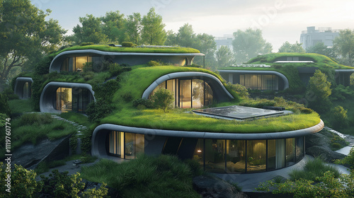 Multiple curved, gray buildings with lush green roofs and foliage