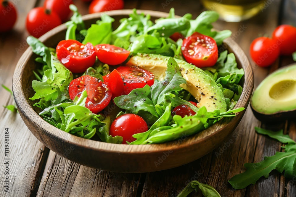 Fresh salad with avocado, cherry tomatoes and arugula, seasoned with oil and spices, served in a wooden bowl Fresh salad with avocado, cherry tomatoes and arugula, seasoned with oil and spices, served in a wooden bowl