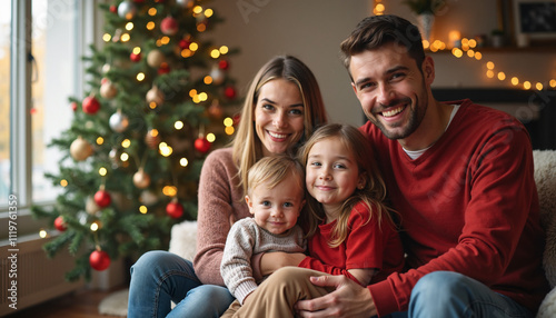 Family, Christmas, portrait, parents, children, smiling, happy, tree, lights, festive, holiday, love, togetherness, red sweaters, cozy, warm, winter, December, indoors, home, living room, bokeh, cheer