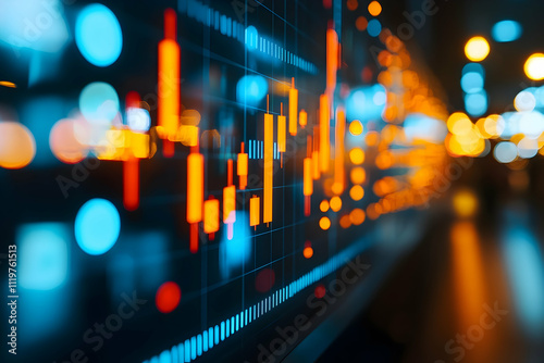 Close-up of a stock market chart displayed on a screen at night.