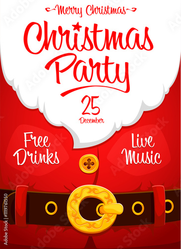 Christmas Santa Claus beard flyer, holiday poster with red Noel suit. Vector party invitation for Merry Xmas and happy New Year celebration, highlighting free drinks and live music on December 25th