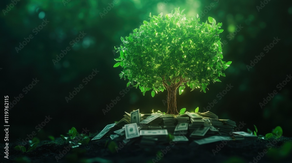A vibrant tree grows atop a mound of cash, symbolizing wealth, sustainability, and the intertwining of nature and finance in a mystical setting. A vibrant tree grows atop a mound of cash, symbolizing wealth, sustainability, and the intertwining of nature and finance in a mystical setting.