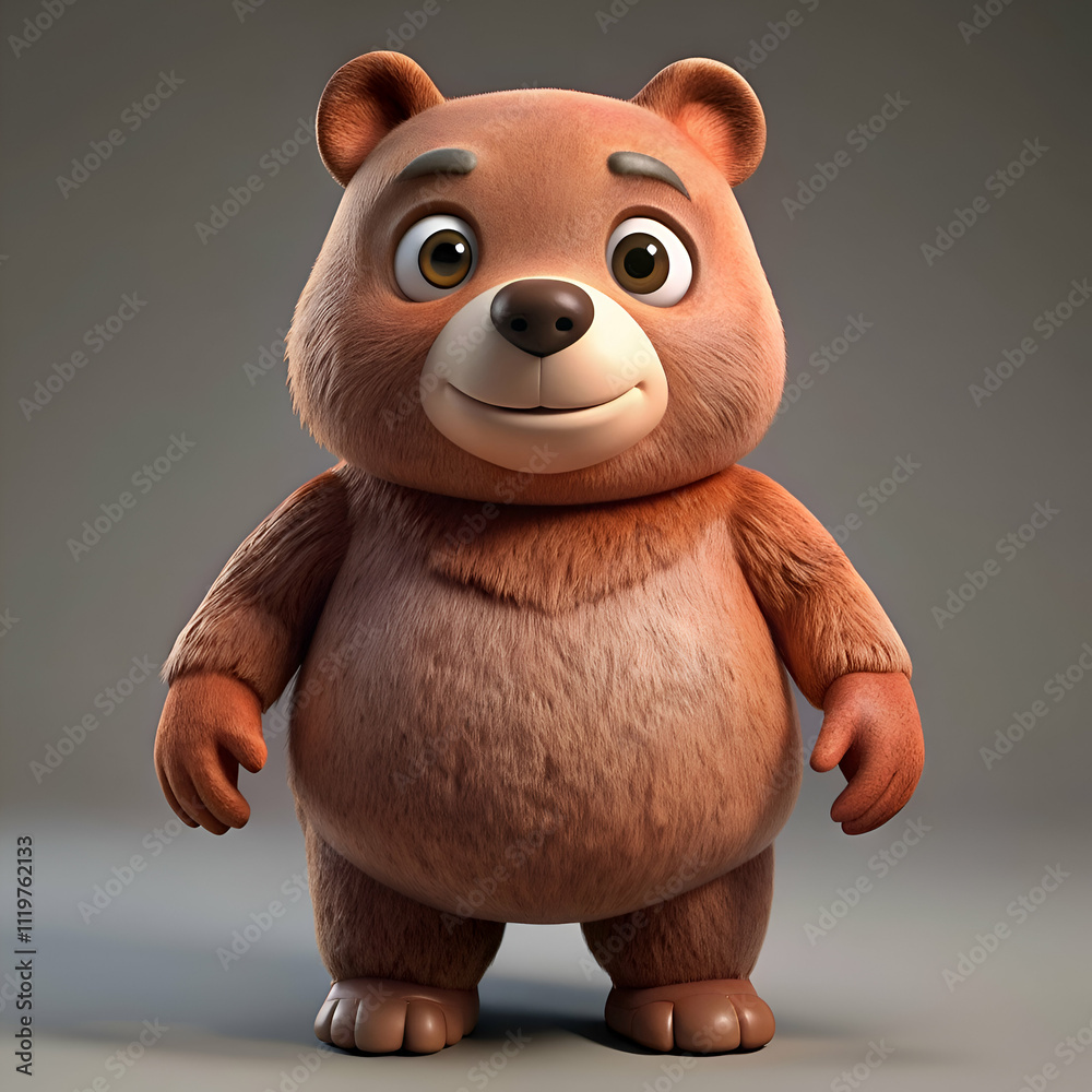 Fototapeta premium A cute cartoon brown bear with big eyes stands with a friendly smile.