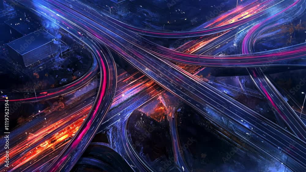 Highway interchange showing traffic flowing at night motion of cars through light trails urban feel of the infrastructure the image has a futuristic, dynamic atmosphere, bustling city