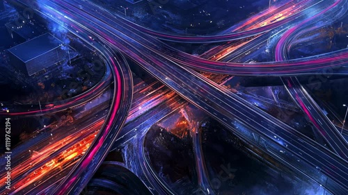 Highway interchange showing traffic flowing at night motion of cars through light trails urban feel of the infrastructure the image has a futuristic, dynamic atmosphere, bustling city