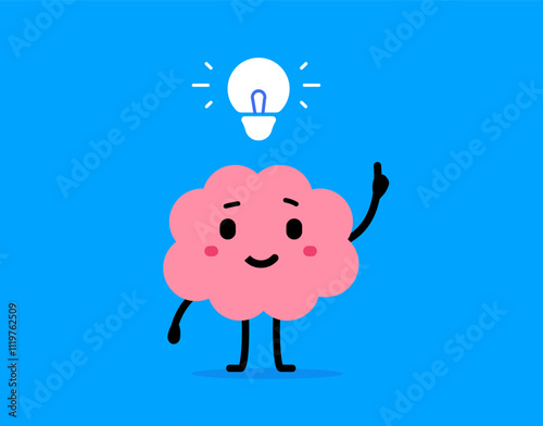 Vector cartoon illustration of cute happy brain think creative idea. Flat doodle style design of smile pink brain character with light bulb overhead and hand raised up with index finger