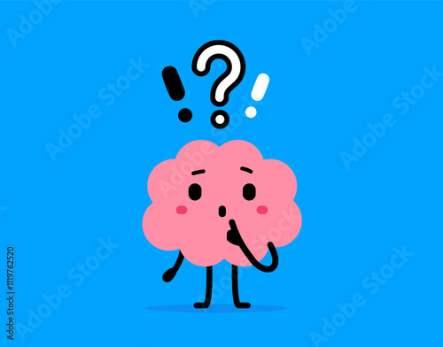 Vector cartoon illustration of cute happy brain character with exclamation and question mark on blue color background. Flat doodle style design of doubt brain think