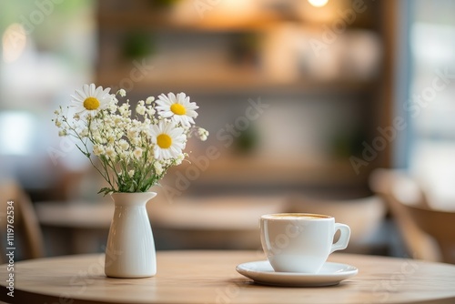 Charming Cafe Scene with a Delicate White Flower Vase and a Cup of Coffee on a Wooden Table, Soft Natural Lighting and Cozy Decor Enhancing the Ambiance