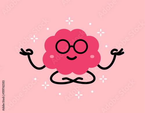 Vector cartoon meditation illustration of smile calm brain character in lotus yoga pose on pink color background. Flat doodle style design of cute relax brain character in glasses