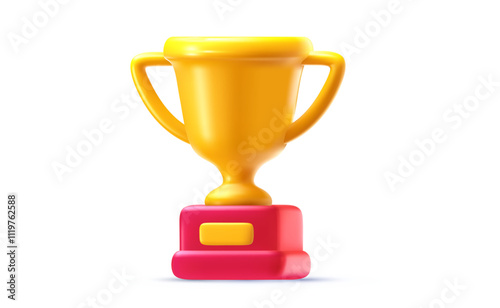 Vector realistic illustration of golden champion winner cup on white background. 3d cartoon style design of trophy cup icon, win reward. Winner prize, sport success award