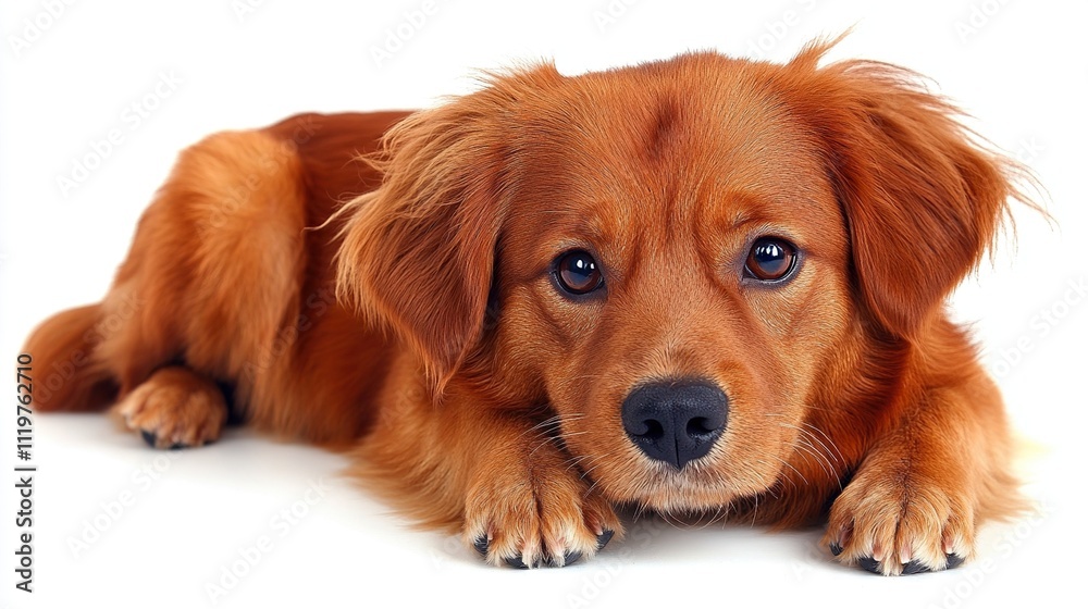 A reddish-brown dog lies on a white background A reddish-brown dog lies on a white background