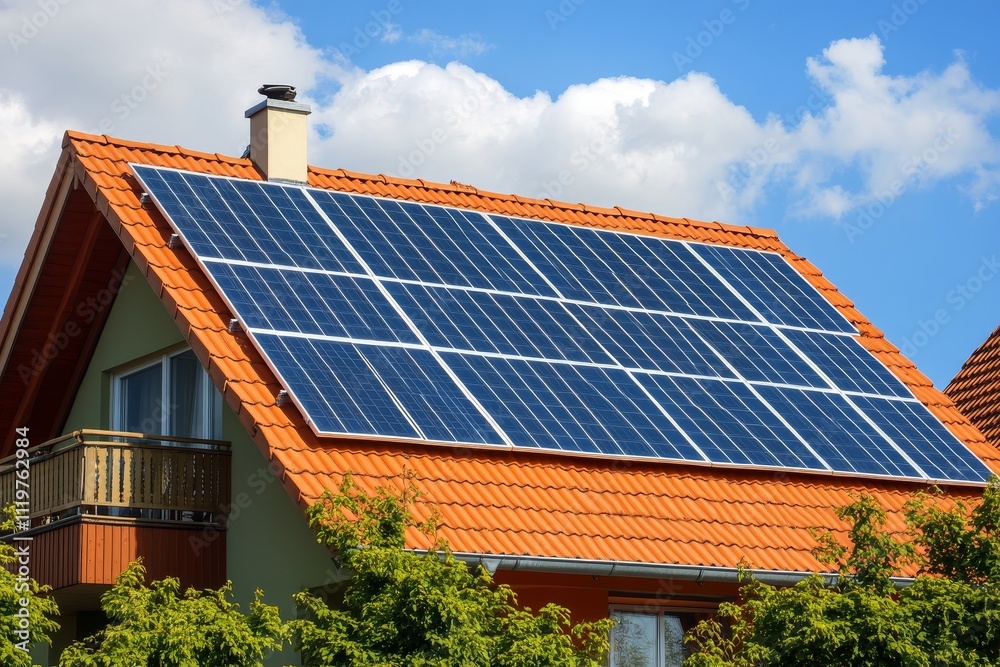 Fototapeta premium Bright Solar Panels Installed on a Modern House Roof Surrounded by Greenery Against a Clear Blue Sky with White Clouds in a Sustainable Energy Concept