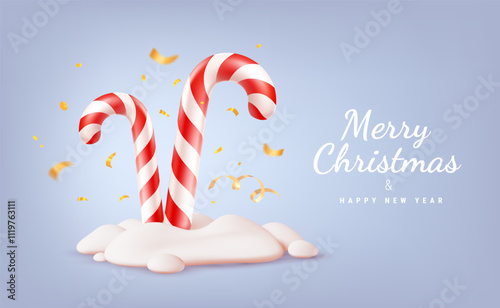 Vector illustration of christmas candy cane in snow on blue background with golden confetti. 3d cartoon style design of red and white striped candy cane with text Merry Christmas and Happy New Year