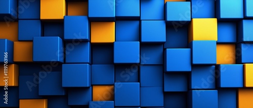 Blue and yellow wall made of blocks. The blocks are arranged in a pattern that creates a sense of depth and texture. The blue and yellow colors create a vibrant and energetic mood