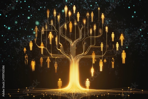 Digital tree is connecting people with glowing lines, symbolizing family ties and ancestry research photo