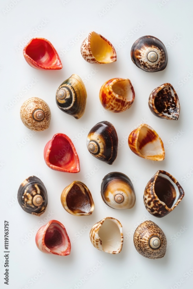 Collection of seashells on a clean white background, ideal for decorative or educational purposes Collection of seashells on a clean white background, ideal for decorative or educational purposes