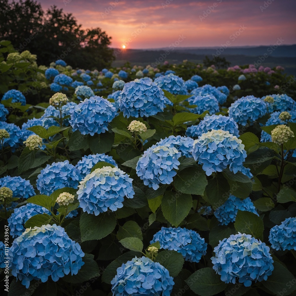 A hydrangea bush in bloom under soft twilight. A hydrangea bush in bloom under soft twilight.