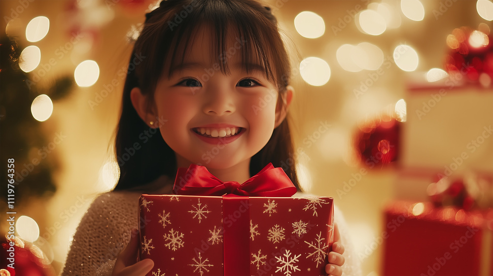クリスマスプレゼントを抱える日本人の女の子 クリスマスプレゼントを抱える日本人の女の子