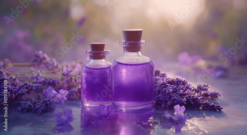 Lavender essential oil bottles surrounded by blooming lavender flowers, creating serene and calming atmosphere