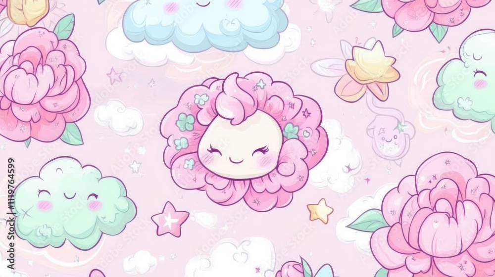 A whimsical pattern featuring cute clouds, flowers, and stars in pastel colors. A whimsical pattern featuring cute clouds, flowers, and stars in pastel colors.