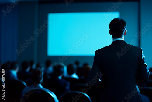 A professional giving a presentation in a sleek conference room,