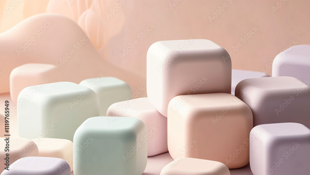 Fototapeta premium Aesthetic, Colorful Marshmallow Cubes on a Soft Pastel Background, Inviting for Dessert Lovers and Photographers Alike