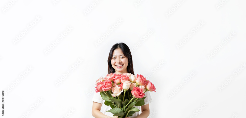 Beautiful smiling asian woman with bouquet of flowers on white background Beautiful smiling asian woman with bouquet of flowers on white background
