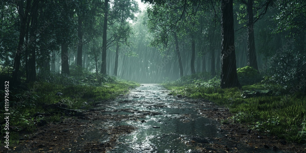 Moody Rainy Forest Path Lush Green Trees Stream 8K Nature Moody Rainy Forest Path Lush Green Trees Stream 8K Nature