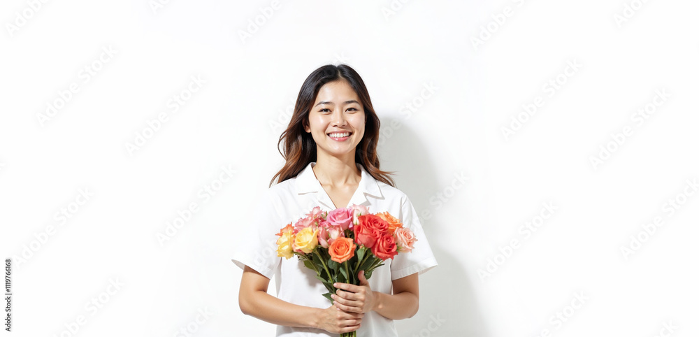 Beautiful smiling asian woman with bouquet of flowers on white background Beautiful smiling asian woman with bouquet of flowers on white background