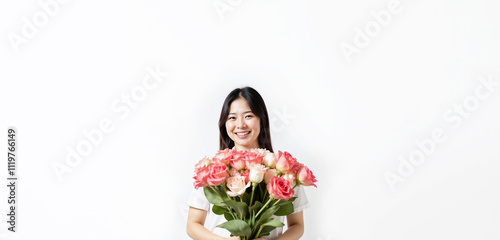 Beautiful smiling asian woman with bouquet of flowers on white background