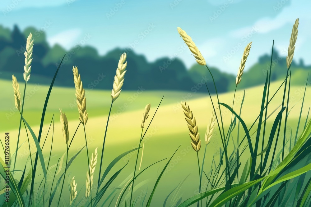 A serene landscape of a field with lush green grass and trees in the background, suitable for use as a tranquil background or nature-inspired design A serene landscape of a field with lush green grass and trees in the background, suitable for use as a tranquil background or nature-inspired design