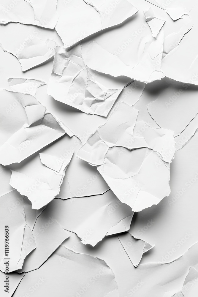 White Crumpled Paper Texture Background, Full Frame Close Up Copy Space, Abstract Rough Pattern