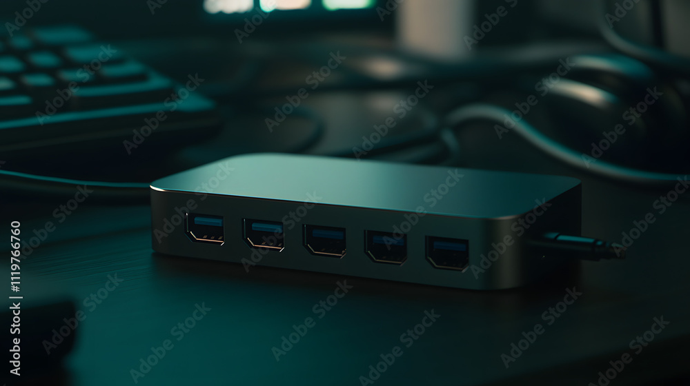 Sleek USB hub with multiple ports connected to various devices, showcasing modern design and functionality in a tech-focused setup. Sleek USB hub with multiple ports connected to various devices, showcasing modern design and functionality in a tech-focused setup.