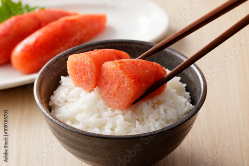 ご飯に乗った辛子明太子　Spicy cod roe on rice