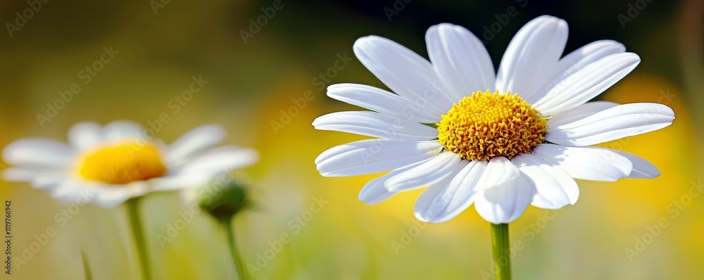 Close-up View of White Daisy Flowers in a Sunlit Meadow with Soft Focus Background and Vibrant Colors Close-up View of White Daisy Flowers in a Sunlit Meadow with Soft Focus Background and Vibrant Colors