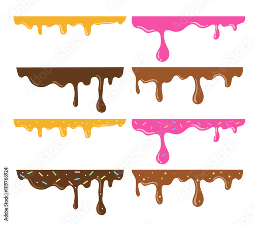 Set of dripping delicious pink, yellow and brown sauce as chocolate, honey, strawberry, doughnut vector seamless glaze. Sweet dessert background illustration with colorful toppings, nut, sprinkle