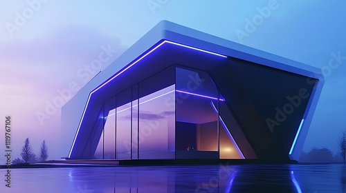 Futuristic Box House with Neon Accents A box house with a futuristic design featuring sharp lines, glass walls, and neon LED accents along the edges. The exterior is sleek black and white, with ambien photo