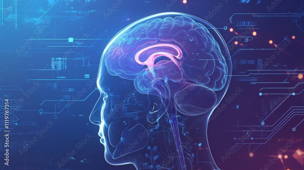 Digital brain with data flowing, AI concept background, futuristic technology illustration with holographic elements and circuit patterns. The vibrant colors of blue and purple add energy to the scene