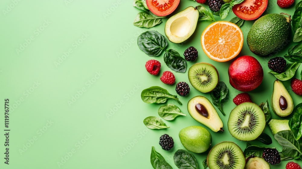 Fresh fruits and vegetables on green background Fresh fruits and vegetables on green background