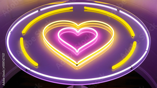 Bright Neon Heart Light on a Round Table Reflecting Warm Colors in a Cozy Room Setting photo