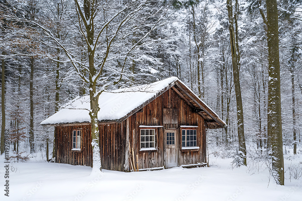 A rustic wooden cabin in a snow-covered forest A rustic wooden cabin in a snow-covered forest