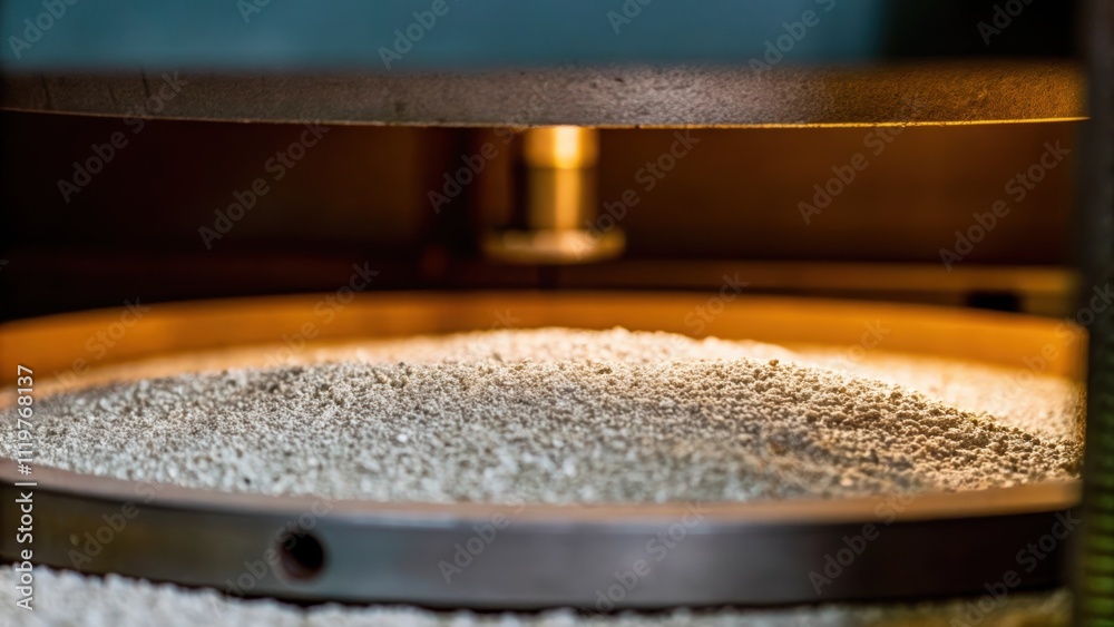 Closeup of a powder material inside a sintering machine with grains shimmering under a soft light ready to be fused into solid structures by the precision laser. Closeup of a powder material inside a sintering machine with grains shimmering under a soft light ready to be fused into solid structures by the precision laser.