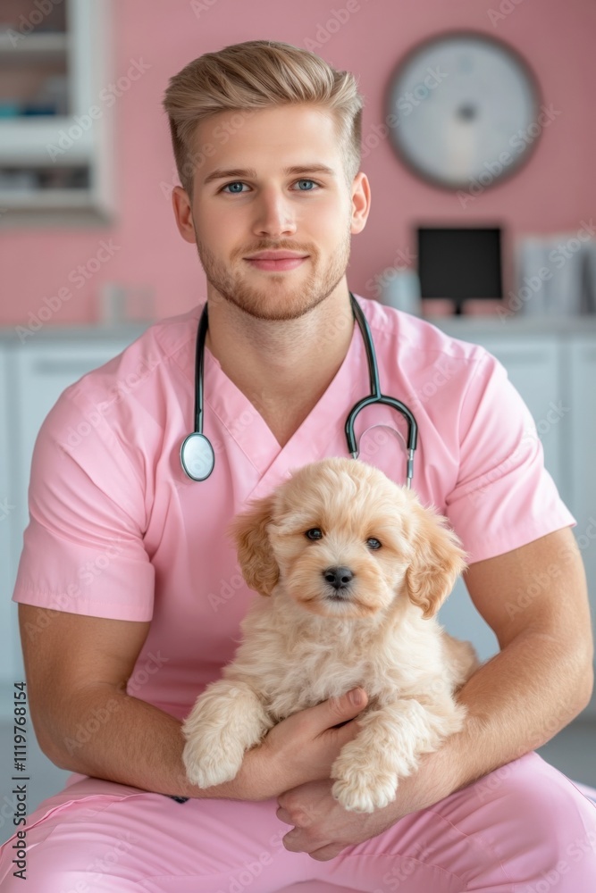 Caucasian Male Veterinarian in Pink Scrubs Holding Fluffy Puppy in Clinic Setting Caucasian Male Veterinarian in Pink Scrubs Holding Fluffy Puppy in Clinic Setting