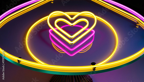 Bright Neon Heart Light on a Round Table Reflecting Warm Colors in a Cozy Room Setting photo