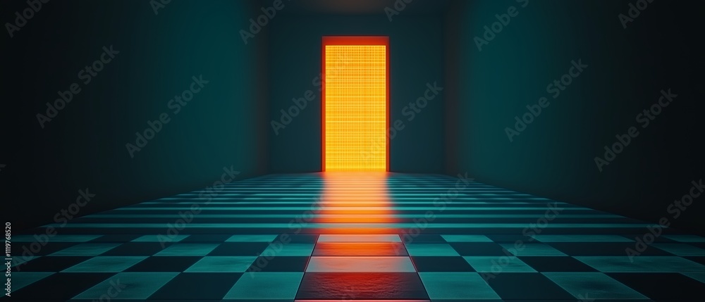 Obraz premium Dark room with a door that is glowing orange. The room is empty and the door is the only thing that is visible